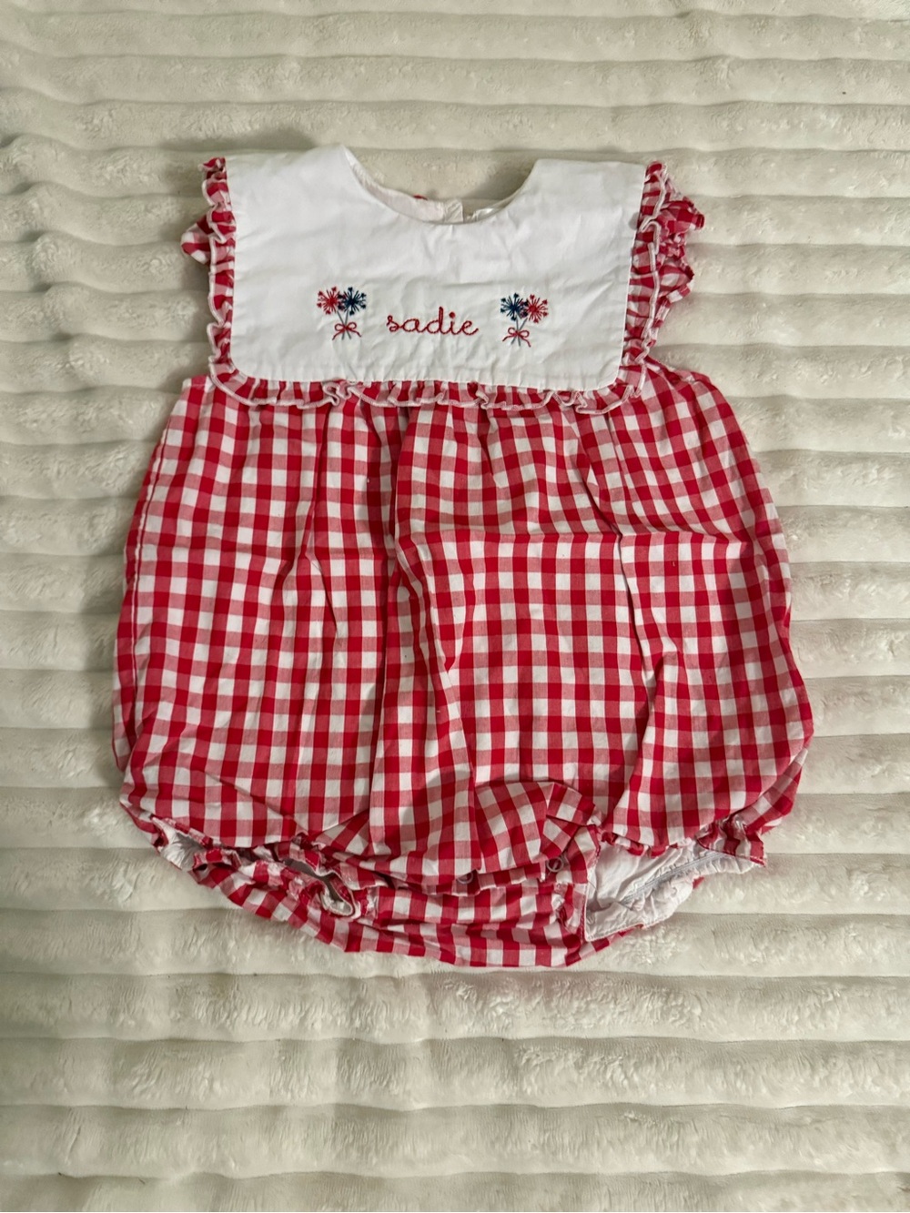 Red Gingham Baby One-Piece Bubble Romper with White Bib Detail